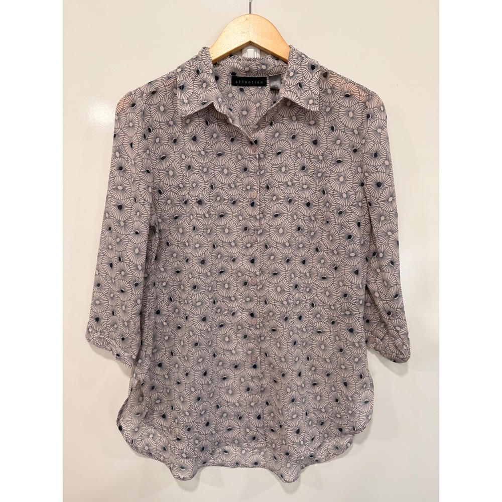Attention Women Pink Navy Floral Sunburst Sheer 3/4 Sleeve Button Down Blouse M